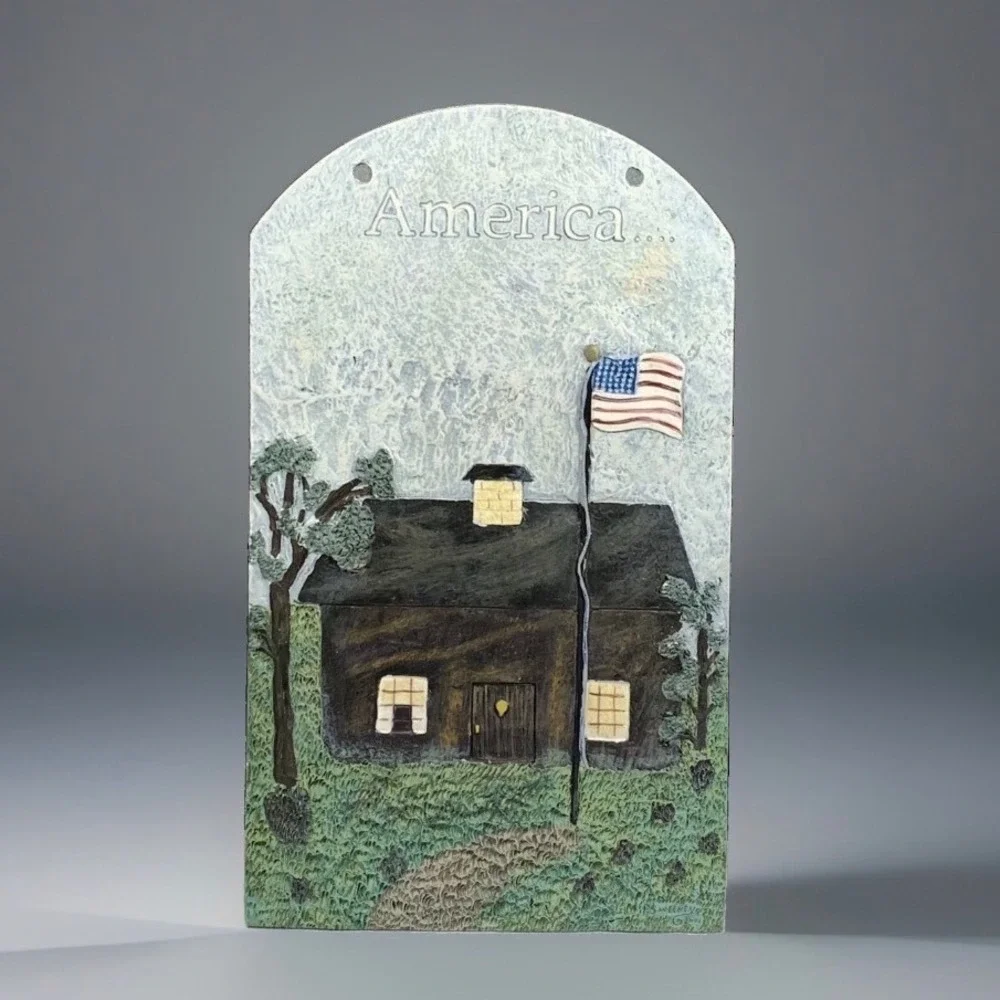 Americana Folk Art House Flag Wall Hang Patriotic USA Home Decor Slate/Resin
